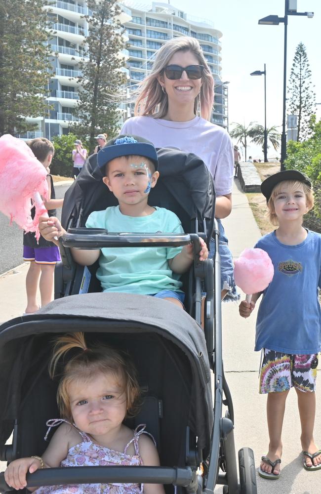 Jaimee with, Raya, 14 months, Talan, 3, and Nixon Carne, 4, at the Mooloolaba Foreshore Festival. Picture: Tegan Annett