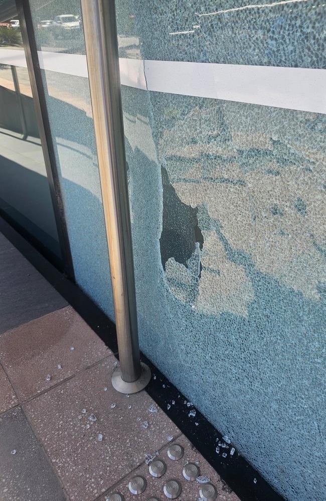 Shattered windows at Matthew Guy’s office. Picture: Supplied