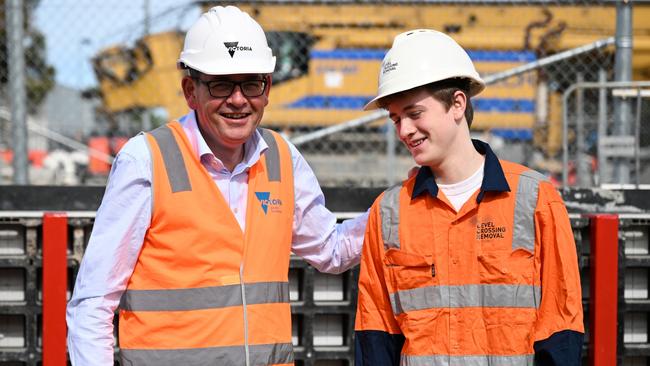 Victorian Premier Daniel Andrews, left, and son Joseph visit the Glen Huntly level crossing removal site in November 2022. Picture: NCA NewsWire/ James Ross