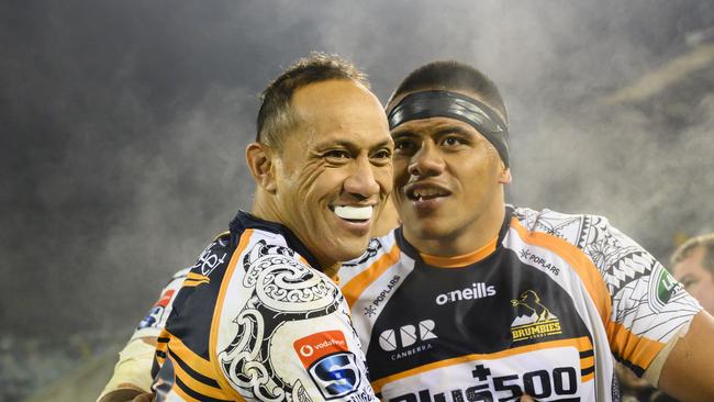 Brumbies Allan Alaalatoa and Christian Lealiifano during the Round 18 Super Rugby match between the ACT Brumbies and the Queensland Reds at GIO Stadium in Canberra, Saturday, June 15, 2019. (AAP Image/Rohan Thomson) NO ARCHIVING, EDITORIAL USE ONLY