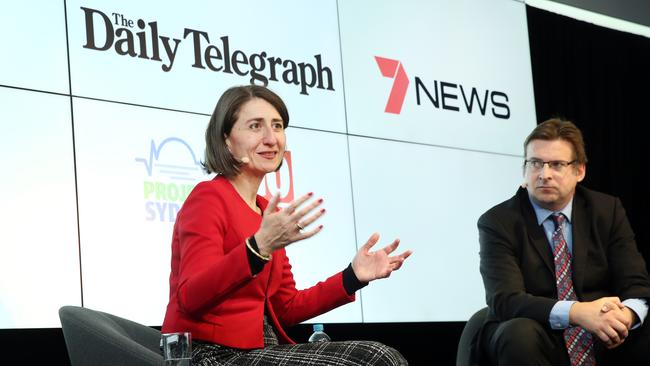 Gladys Berejiklian, with Andrew Clennell, answers questions at the 2017 Project Sydney Youth Forum. Picture: Richard Dobson