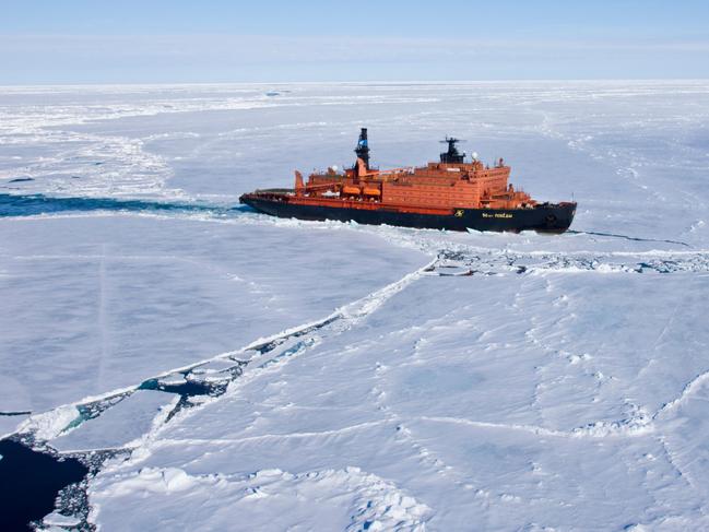 ESCAPE: EXTREME CRUISING .. Shaney Hudson story ..Aerial view of the worlds largest nuclear icebreaker, "NS 50 Lyet Pobyedi" (50 years of Victory) on the way to the North Pole, Russian Arctic, July 2008. Picture: Alamy