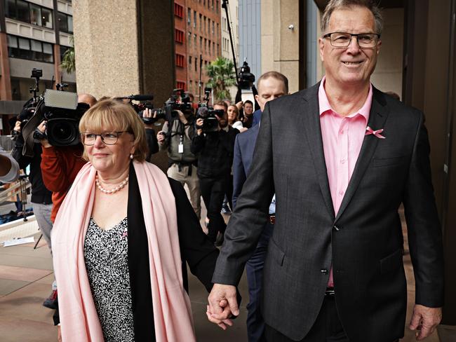 Lyn Dawson’s brother, Greg Simms, right, and his wife, Merilyn Simms, left, walking into court ahead of the verdict. Picture: Adam Yip