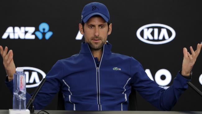 Serbia's Novak Djokovic at a press conference ahead of the Australian Open. (AP Photo/Vincent Thian)