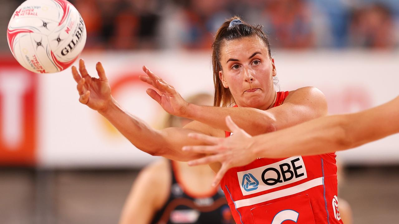 Maddy Proud of the Swifts passes during the round eight Super Netball match between GWS Giants and NSW Swifts. Photo: Getty Images