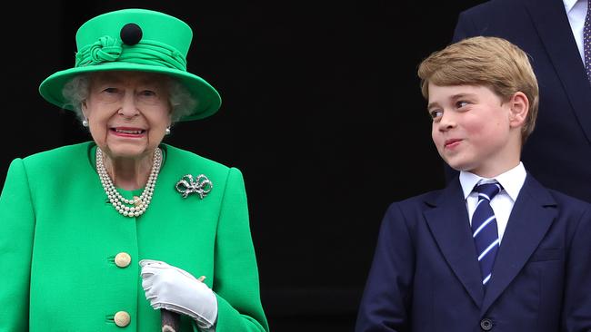 Queen Elizabeth with her great-grandson Prince George on the Buckingham Palace balcony during her Platinum Jubilee celebrations. Picture: Getty Images