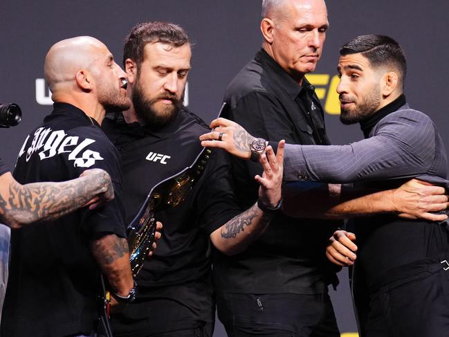 Volkanovski (L) fights Ilia Topuria (R) next month. Picture: Chris Unger/Zuffa LLC via Getty Images