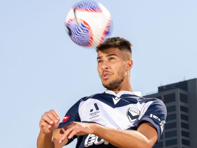 MELBOURNE, AUSTRALIA - APRIL 05: Zinedine Machach of Melbourne Victory poses for a photo during a media opportunity ahead of this weekend's A-League Melbourne derby, at Secret Grass of Hamer Hall on April 05, 2024 in Melbourne, Australia. (Photo by Darrian Traynor/Getty Images)