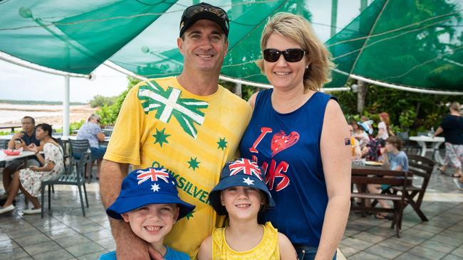 Jack, Mark and Charlotte Bailey and Louise Nichols celebrate Australia Day at the Darwin Trailer Boat Club. Picture: Che Chorley