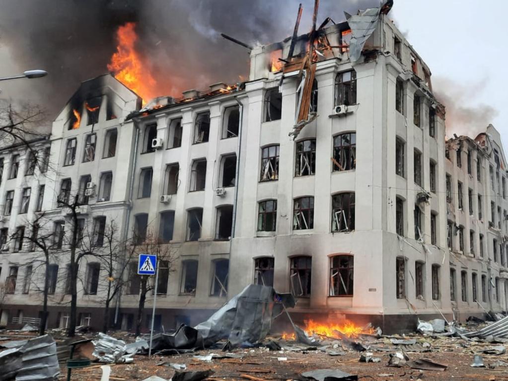 Afire rages in the Kharkiv regional police department building, hit by recent shelling, in Kharkiv. Picture: AFP/Ukraine Emergency Ministry press service