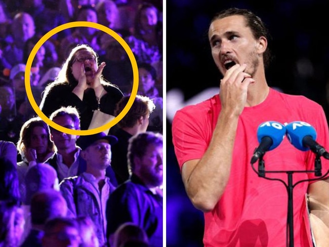 Alexander Zverev getting interrupted by a protester. Photos: AFP