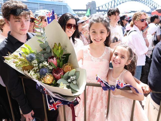 The Daily telegraph 22.10.2024 Royal Tour. Grace Wright, 9 and Charlotte Finn 6 waiting at the Opera House. Their Majesties visit the Sydney Opera House and meet members of the public. King Charles III and Queen Camilla visit the Opera House. Picture: Rohan Kelly