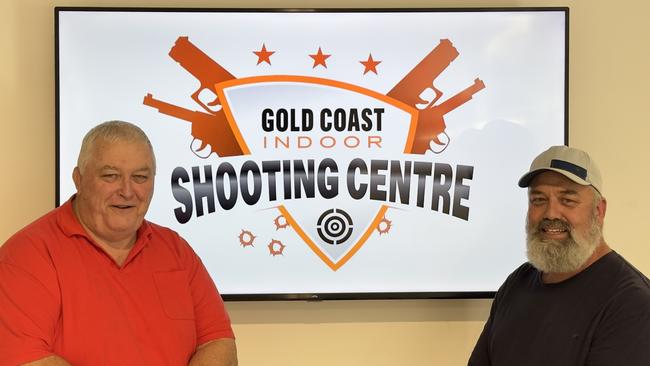 Chris Paine, 63, of Benowa and Tim Barron, 50, of Carrara are the co-directors of the Gold Coast Indoor Shooting Centre, a recently opened public shooting gallery based in the same building as the Southport Indoor Pistol Club on Ferry Road in Southport. Picture: GISC