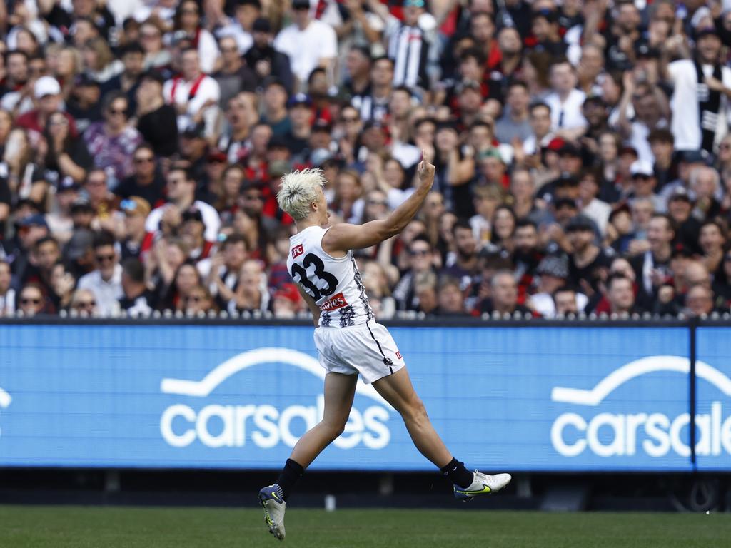 Jack Ginnivan gives it to Bombers fans after a goal. Picture: AFL Photos/Getty Images