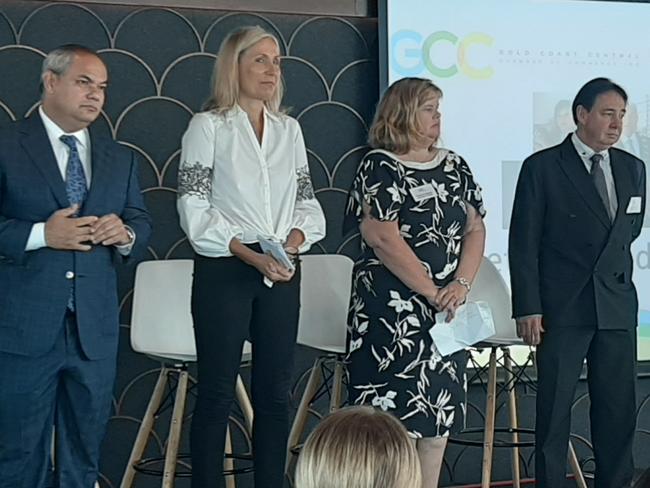 Mayoral debate at the Q1. Gold Coast Mayor Tom Tate with fellow candidates Mona Hecke, Virginia Freebody and Brett Lambert. Photo: Brianna Morris-Grant