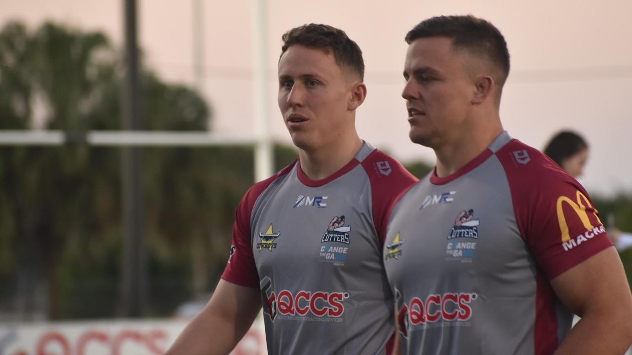 Adam Cook (from left) and Kai O'Donnell have signed with Mackay Cutters after they were released from Canberra Raiders. Picture: Matthew Forrest