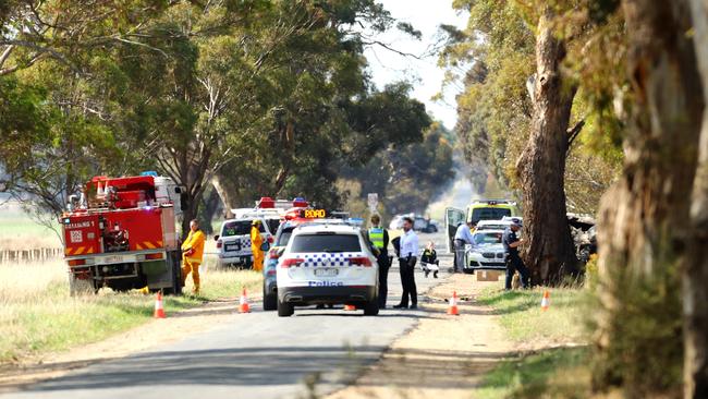 The scene of a fatal car accident on Bacchus Marsh-Balliang Rd near Quakes Rd.