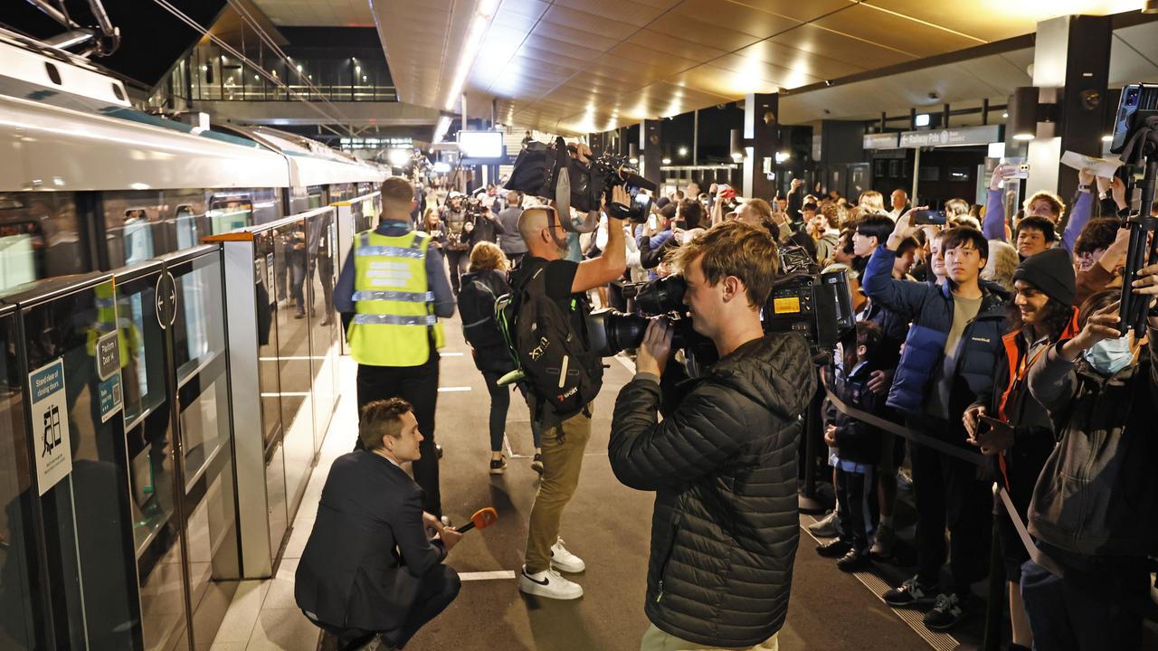 Pictured at Sydenham Station are the first passengers on the brand new Sydney Metro on its maiden run to Tallawong. Picture: Richard Dobson