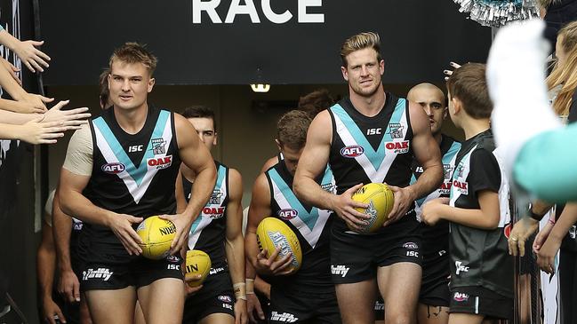 Port Adelaide will be without co-captains Ollie Wines and Tom Jonas, as well as Brad Ebert, Robbie Gray, Charlie Dixon and Hamish Hartlett for Showdown 46. Picture SARAH REED