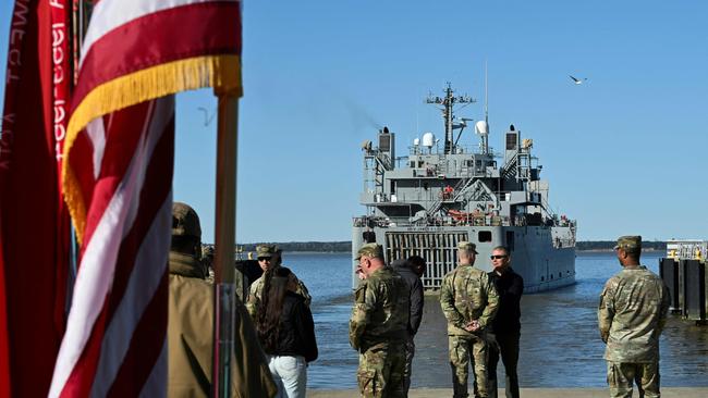 USAV James A. Loux casts off from Hampton, Virginia, bound for Gaza on the American military mission to build a temporary pier to allow the landing of aid. Picture: AFP