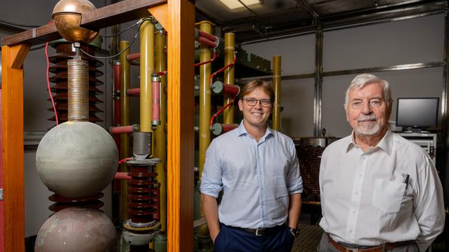 HB11 scientists (from left) Dr Warren McKenzie and Professor Henrich Hora in their laser fusion research laboratory. Picture: Supplied