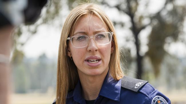 CFA logistics support officer Jessie Colombani from District 13 Victoria talks to media as CFA crews from Victoria arrive in Warwick to help support Queensland fireys, Thursday, November 2, 2023. Picture: Kevin Farmer