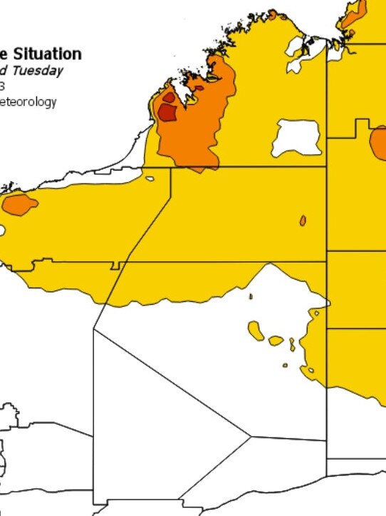 Heatwave map for WA. Picture: Bureau of Meteorology