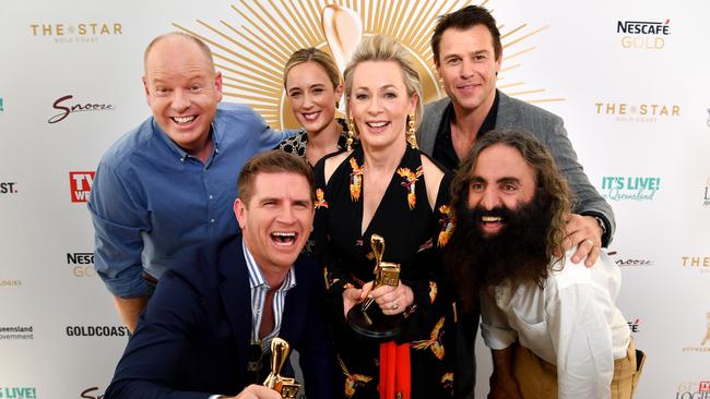 Gold Logie nominees (left to right) Tom Gleeson, Sam Mac, Eve Morey, Amanda Keller, Rodger Corser and Costa Georgiadis are seen posing for a photograph at the TV Week Logie Awards Nomination Party at The Star Casino on the Gold Coast, Sunday, May 26, 2019. The 61st TV Week Logie Awards are being held on the Gold Coast on Sunday, June 30. (AAP Image/Darren England) NO ARCHIVING