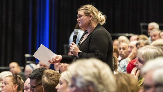 Melissa Carter asks a question about electronic monitoring devices for repeat youth offenders at the Toowoomba Community Safety Forum at Empire Theatres. Picture: Kevin Farmer