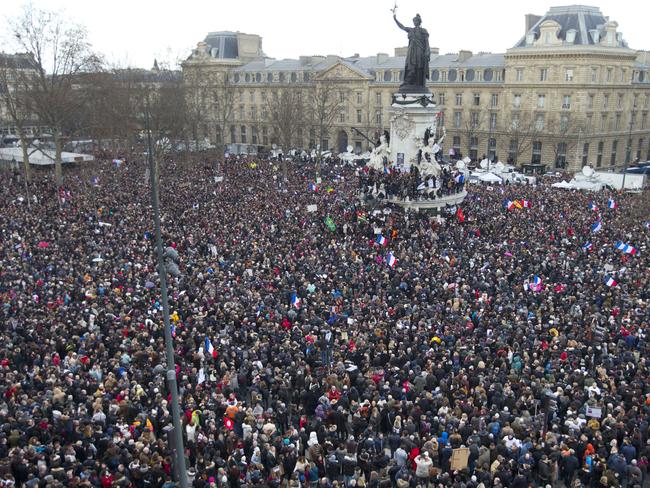 Mass gathering ... Protestors at Republique Square, Paris. Picture: Peter Dejong/AP