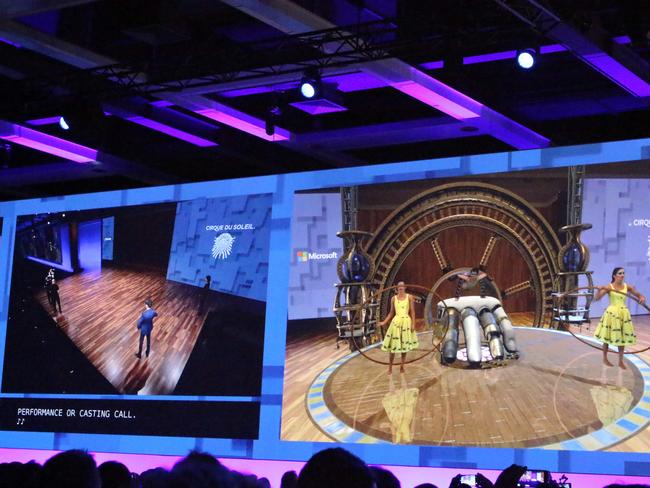 Members of Cirque Du Soleil at Microsoft’s developers conference show how they plan to use HoloLens augmented reality gear to design new performances. Picture: Glenn Chapman