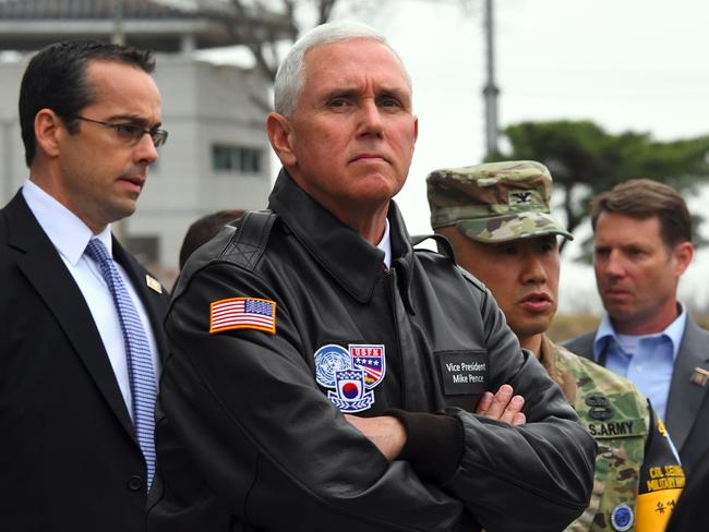 Mr Pence visits the truce village of Panmunjom in the Demilitarised Zone (DMZ) on the border between North and South Korea yesterday in a show of US resolve hours after North Korea failed in its attempt to test another missile. Picture: Jung Yeon-je