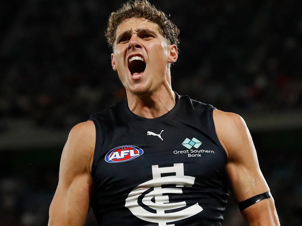 Charlie Curnow filled his bag against the Dogs. Picture: AFL Photos/Getty Images