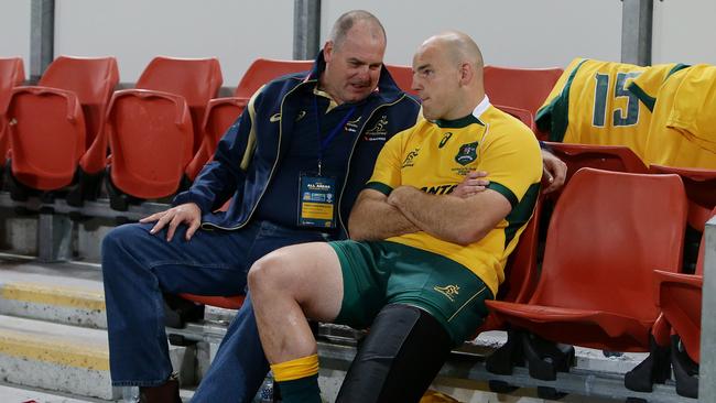 Wallabies captain Stephen Moore injured on the bench. The Wallabies vs France at Suncorp Stadium in Brisbane. Pic Peter Wallis