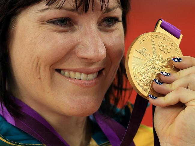 Anna Meares celebrates winning gold at the London 2012 Olympics..