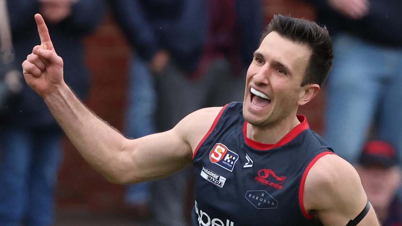 Matt Panos from Norwood reacts after scoring a goal during the Round 16 SANFL match between Norwood and South Adelaide at Norwood Oval in Adelaide, Saturday, August 12, 2023. (SANFL Image/David Mariuz)