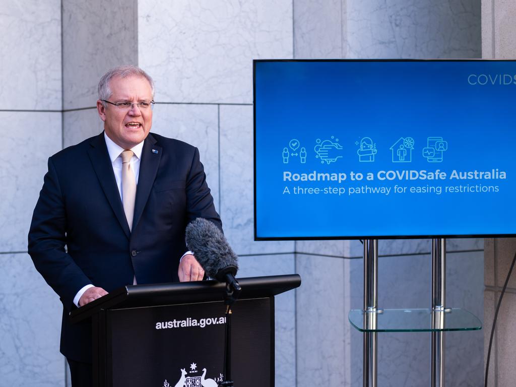 Prime Minister Scott Morrison has announced that the National Cabinet has agreed to a three-step plan to achieve a COVID-19 safe economy and society. Picture: Rohan Thomson/Getty Images