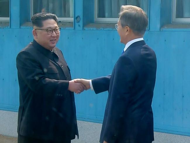 The pair met for historic face-to-face talks in Panmunjom. Picture: Korea Broadcasting System via AP