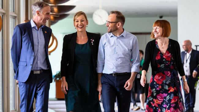 New Greens leader Adam Bandt with Senate leader and co-deputy Larissa Waters, deputy Senate leader and co-deputy Nick McKim and party whip Rachel Siewert. Picture: Gary Ramage