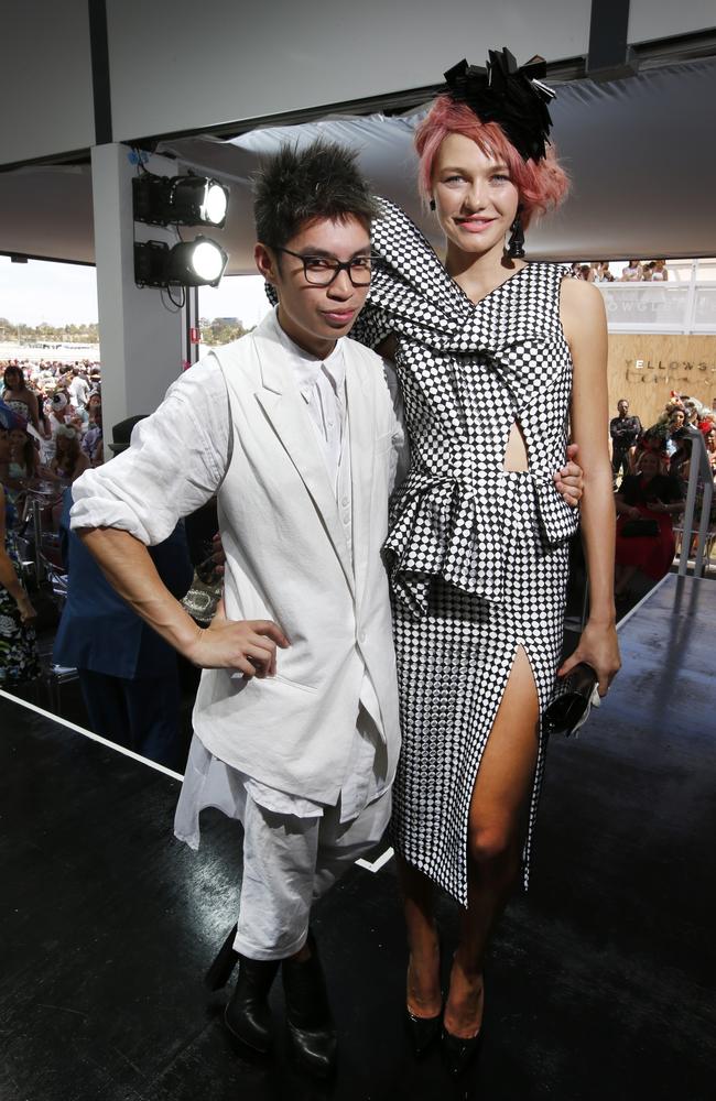 Melbourne Cup Day 2014 Myer Fashion in the Field at Flemington Racecourse. Winner of the Designer Award Antony Capon with his model Ellie Lemons. Picture: David Caird.