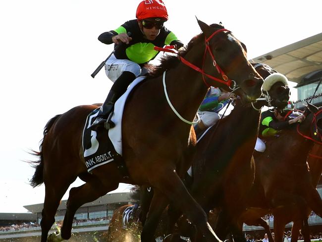 SYDNEY, AUSTRALIA - OCTOBER 14: Sam Clipperton riding Think About It  wins Race 7 The TAB Everest during Sydney Racing - TAB Everest Day at Royal Randwick Racecourse on October 14, 2023 in Sydney, Australia. (Photo by Jeremy Ng/Getty Images)