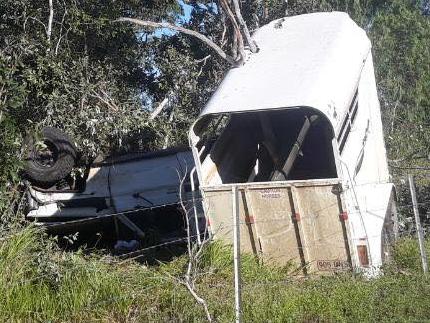 Emergency crews have responded to a crash where a vehicle towing a horse trailer flipped and rolled down an embankment along the Bruce Highway between Mackay and Rockhampton. Picture: Contributed