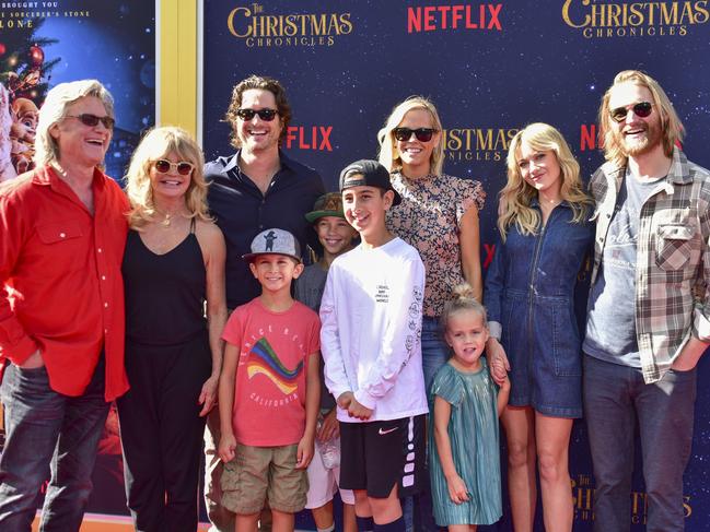 Kurt Russell and Goldie Hawn with their blended family. From left: Oliver Hudson, Erinn Bartlett, Sanne Hamers and Wyatt Russell with their children. Picture: Rodin Eckenroth/Getty