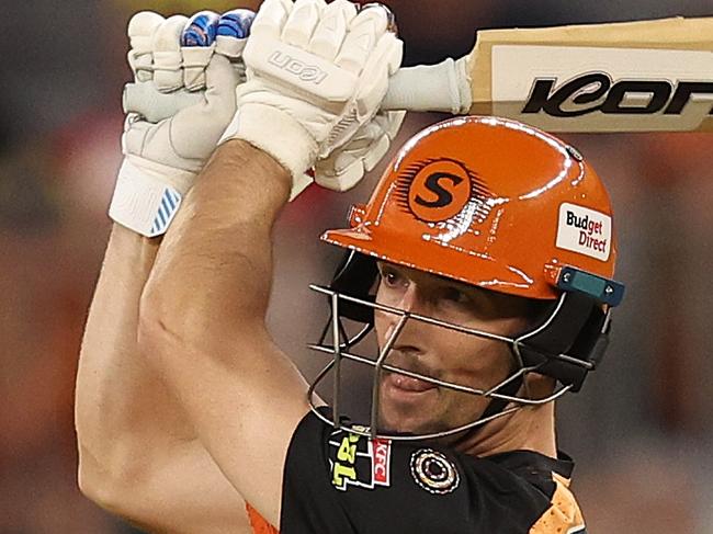 PERTH, AUSTRALIA - JANUARY 18: Nick Hobson of the Scorchers bats during the BBL match between Perth Scorchers and Adelaide Strikers at Optus Stadium, on January 18, 2025, in Perth, Australia. (Photo by Paul Kane/Getty Images)