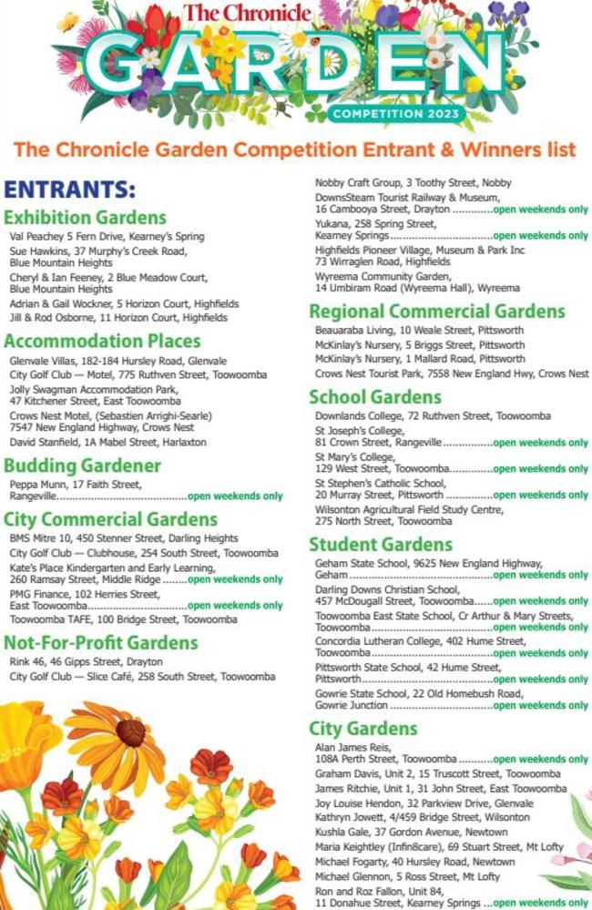 The Chronicle's 2023 Garden Competition – Garden entrants, winners and addresses – Page 1 of 4.