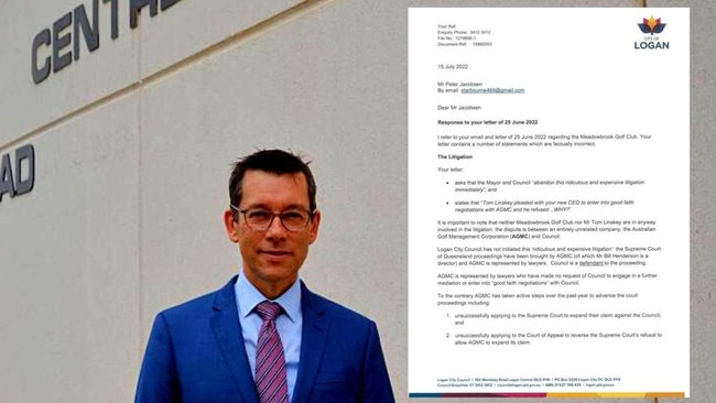 Logan City Council CEO Darren Scott with the letter he wrote in March 2022 refusing to respond to a letter from Golf Club director Tom Linskey calling for conciliatory talks.