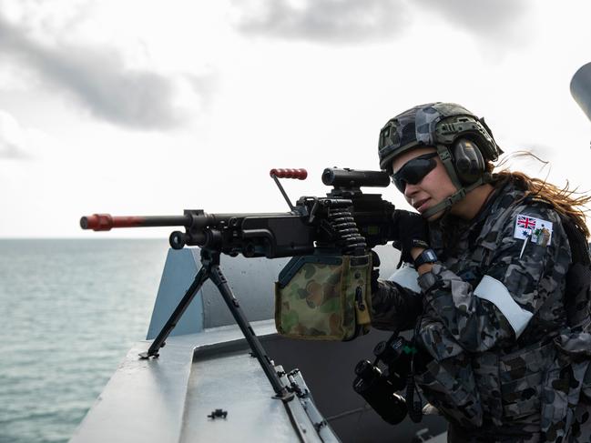 Able Seaman Boatswain's Mate Kirie South mans her station during a force protection exercise on the starboard bridge wing of HMAS Hobart during Exercise Kakadu 22. *** Local Caption *** Exercise Kakadu 2022 (KA22) is being conducted in Darwin and the Northern Australian Exercise area (NAXA) from 12-24 September 2022. KA 22 is the 15th iteration of the RANâs flagship biennial regional Maritime International Engagement exercise and is expected to draw together approximately 3000 personnel, 17 warships and 34 aircraft from 22 countries. The exercise theme is âPartnership, Leadership and Friendshipâ.  Exercise Kakadu is a Royal Australian Navy (RAN)-led biennial exercise supported by the Royal Australian Air Force (RAAF). The RANâs flagship regional international engagement activity, Exercise Kakadu has grown in size and complexity since its inception in 1993.  Exercise Kakadu provides an opportunity for regional partners to undertake multinational maritime activities ranging from constabulary operations to high-end maritime warfare in a combined environment.