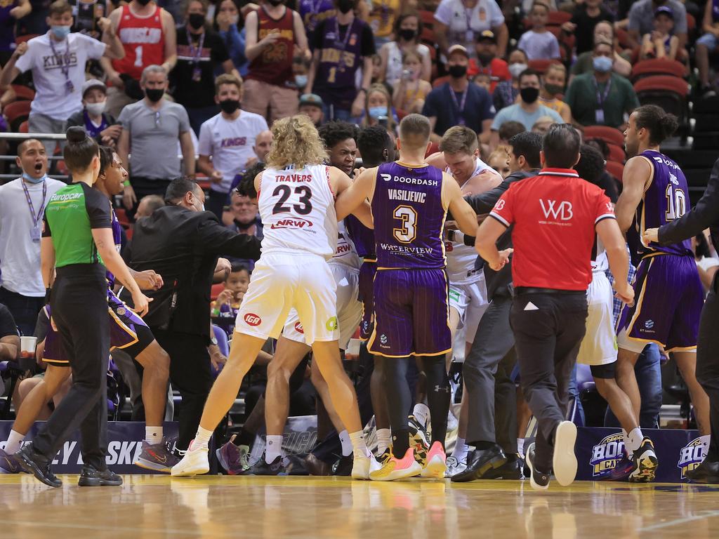 A brawl erupts after Matt Hodgson of the Wildcats had an altercation with Dejan Vasiljevic of the Kings during the round nine NBL match between Sydney Kings and Perth Wildcats at Qudos Bank Arena. Photo: Mark Evans/Getty Images.