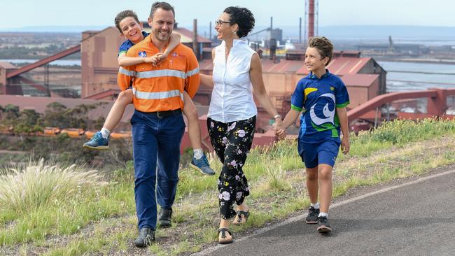 Dan and Mandy Schmidt with sons Jonathan, 10, and Luca, 9, at Hummock Hill in Whyalla. Picture: Tom Huntley