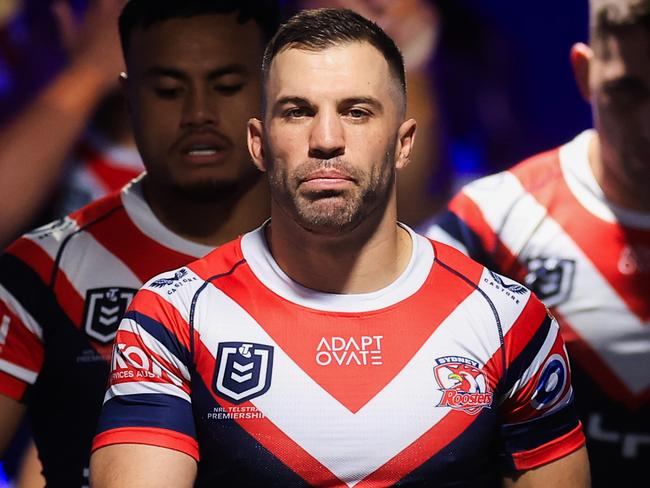 SYDNEY, AUSTRALIA - MAY 16: James Tedesco of the Roosters leads his team out for the first half of the round eleven NRL match between Bulldogs and Roosters at Accor Stadium, on May 16, 2025, in Sydney, Australia. (Photo by Mark Evans/Getty Images)